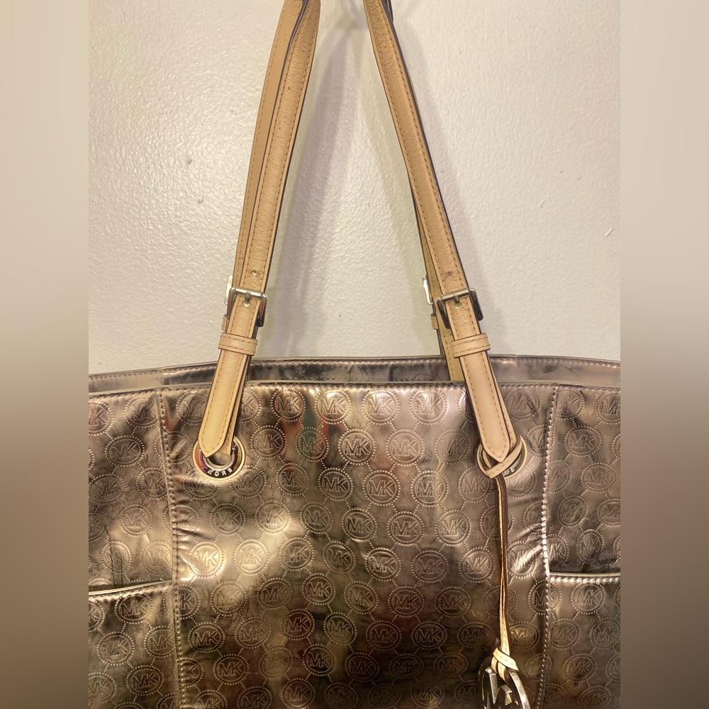 Michael Kors Bronze Metallic Logo Shoulder Purse Handbag Tote - Picture 4 of 14